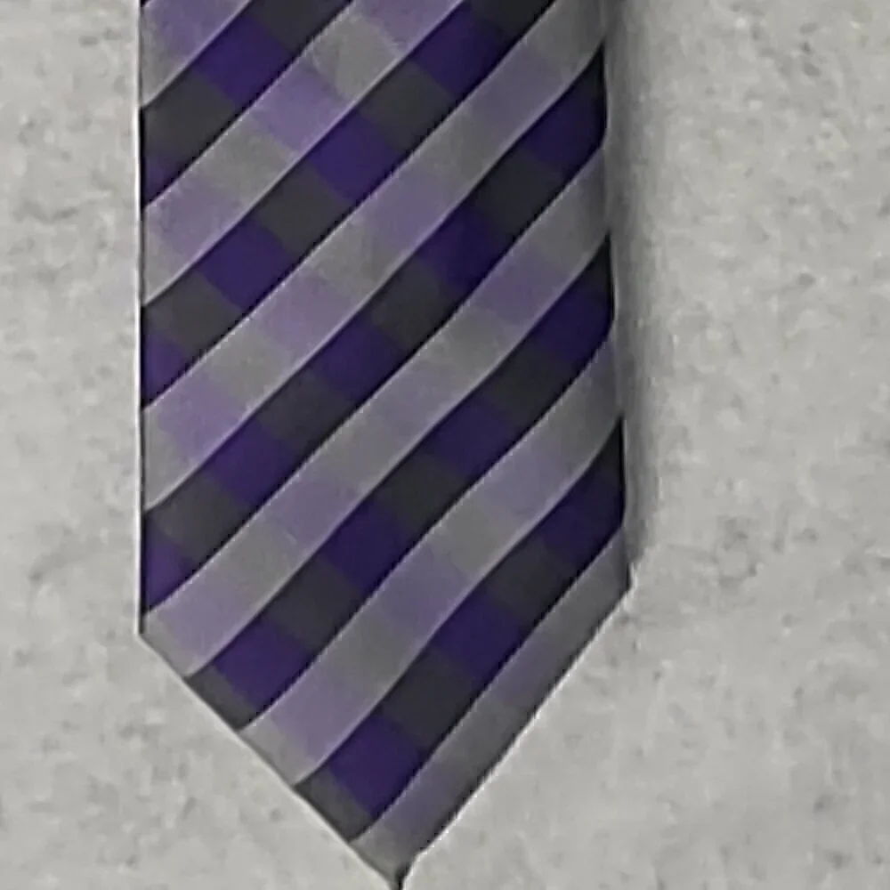 JF J. Ferrar Men's Purple, Gray, Dark Gray Striped 100% Polyester Men’ Neck Tie - Picture 2 of 12